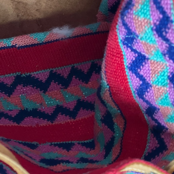 Boho Guatemala Bucket Bag DRAWSTRING Shoulder Tote Leather Woven Pink Red Hippie - Picture 11 of 12